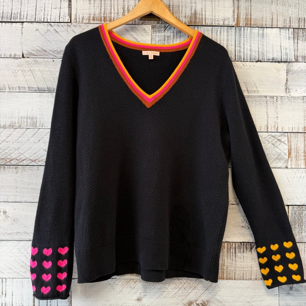 Black Cashmere and Cotton blend V-Neck Sweater with Heart Accents